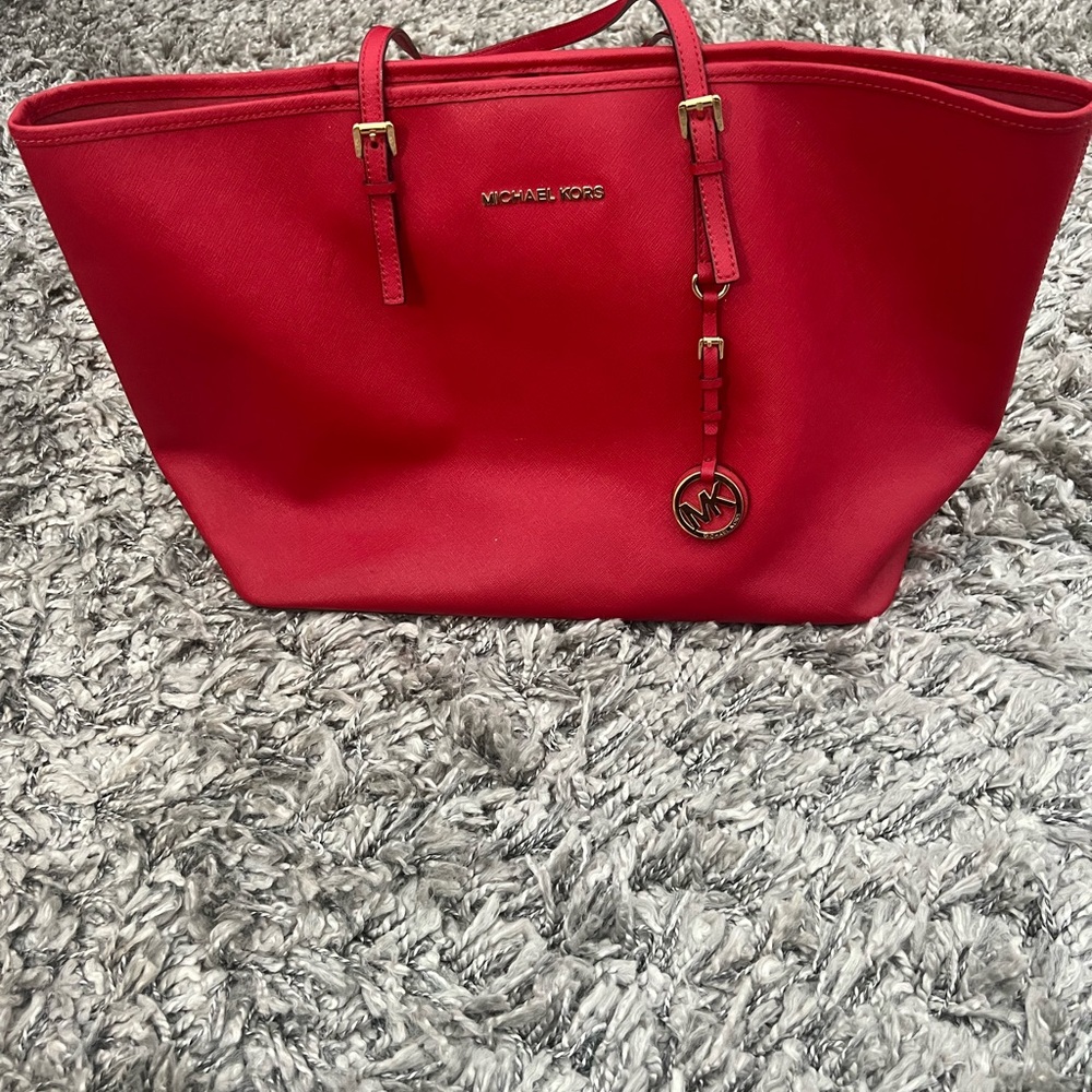 Michael Kors Red Tote Bag with Gold Hardware and Structured Design